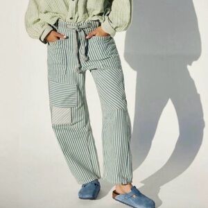 We the Free Moxie Railroad Barrel Green and White Striped Patchwork Pants